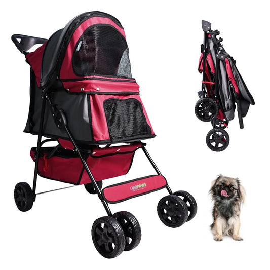 Trail Paws 4-Wheel Pet Stroller – Foldable Dog & Cat Jogging Stroller with Storage Basket, Cup Holder & Safety Features