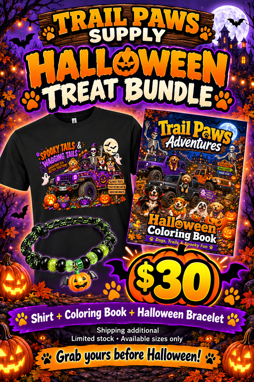 Halloween Shirt, Coloring Book & Bracelet Bundle | Trail Paws