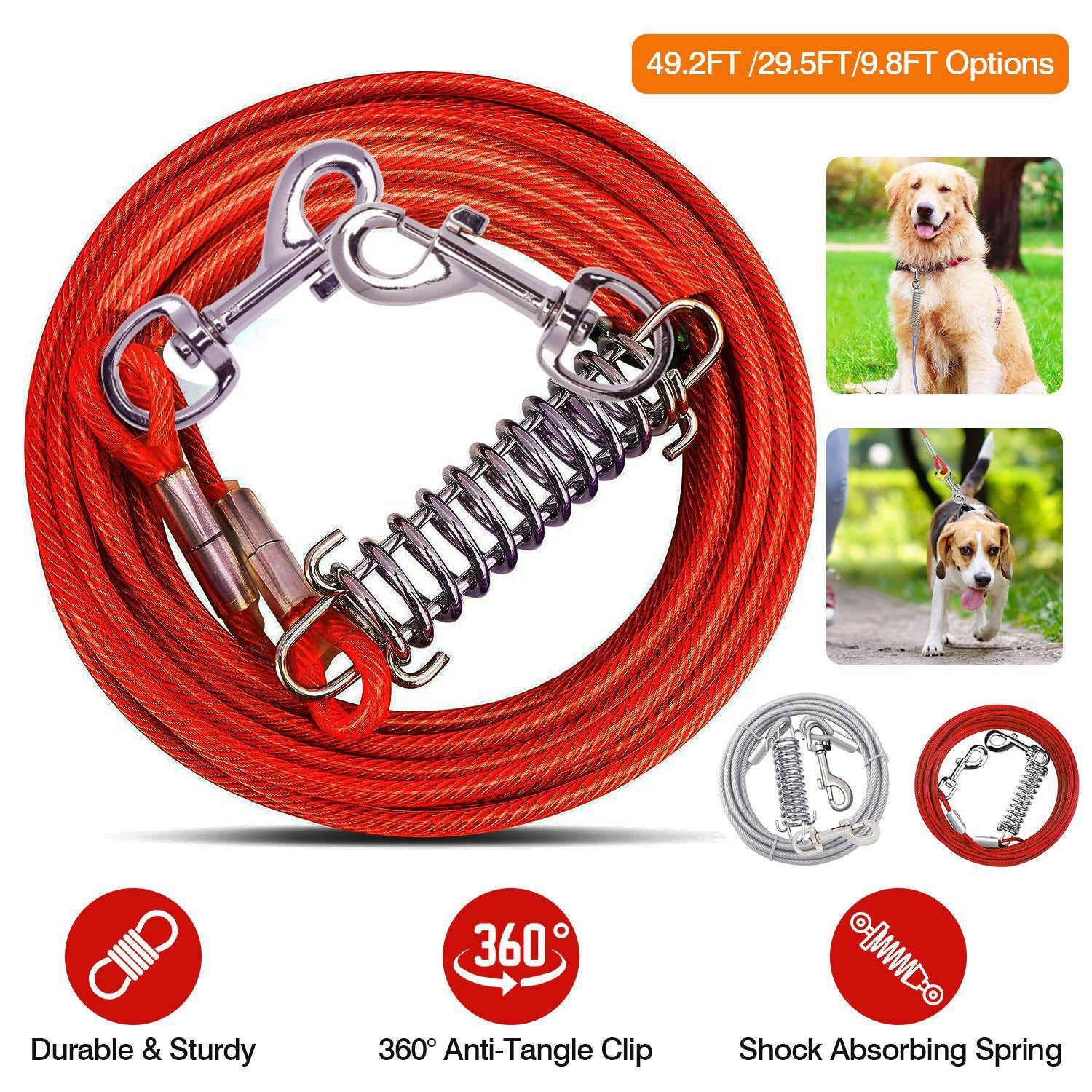 Dog Tie Out Cable Long Dog Leash Chew Proof Lead Dog Chain with Durable Spring 360° Rotatable Clips PVC Case for Outside Yard Caming
