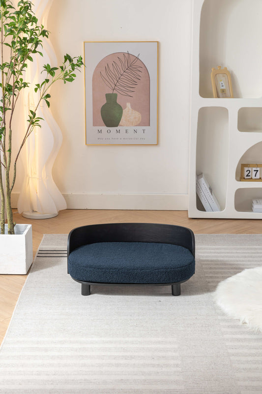 Scandinavian style Elevated Dog Bed Pet Sofa With Solid Wood legs and Bent Wood Back, Velvet Cushion, BLACK