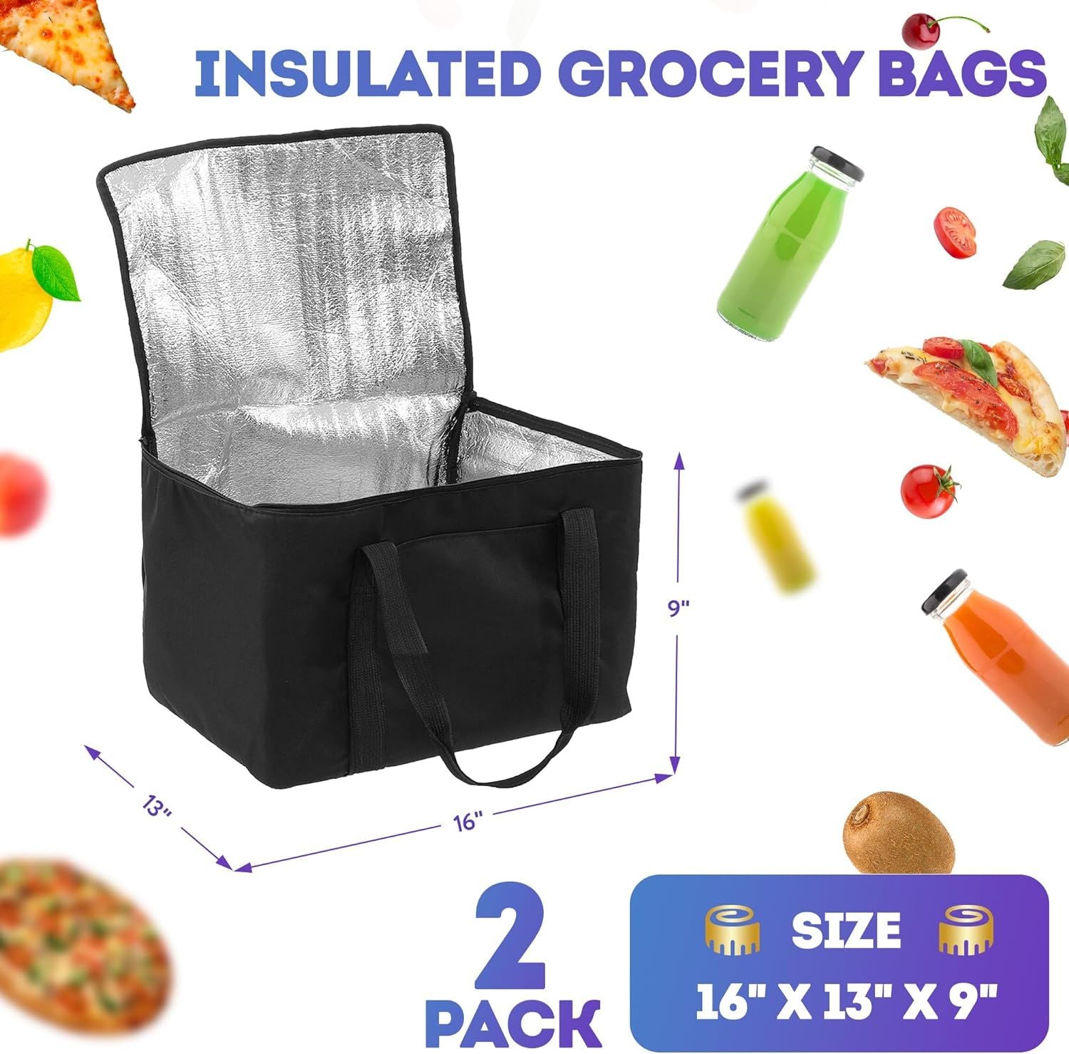 Blaсk Insulated Shopping Bags 16' x 13' x 9' Insulated Grocery Bag Pack of 2 Insulated Food Delivery Bag 16x13x9 Heavy Duty Insulated Bag for Grocery Shopping; Insulated Bags for Food Delivery