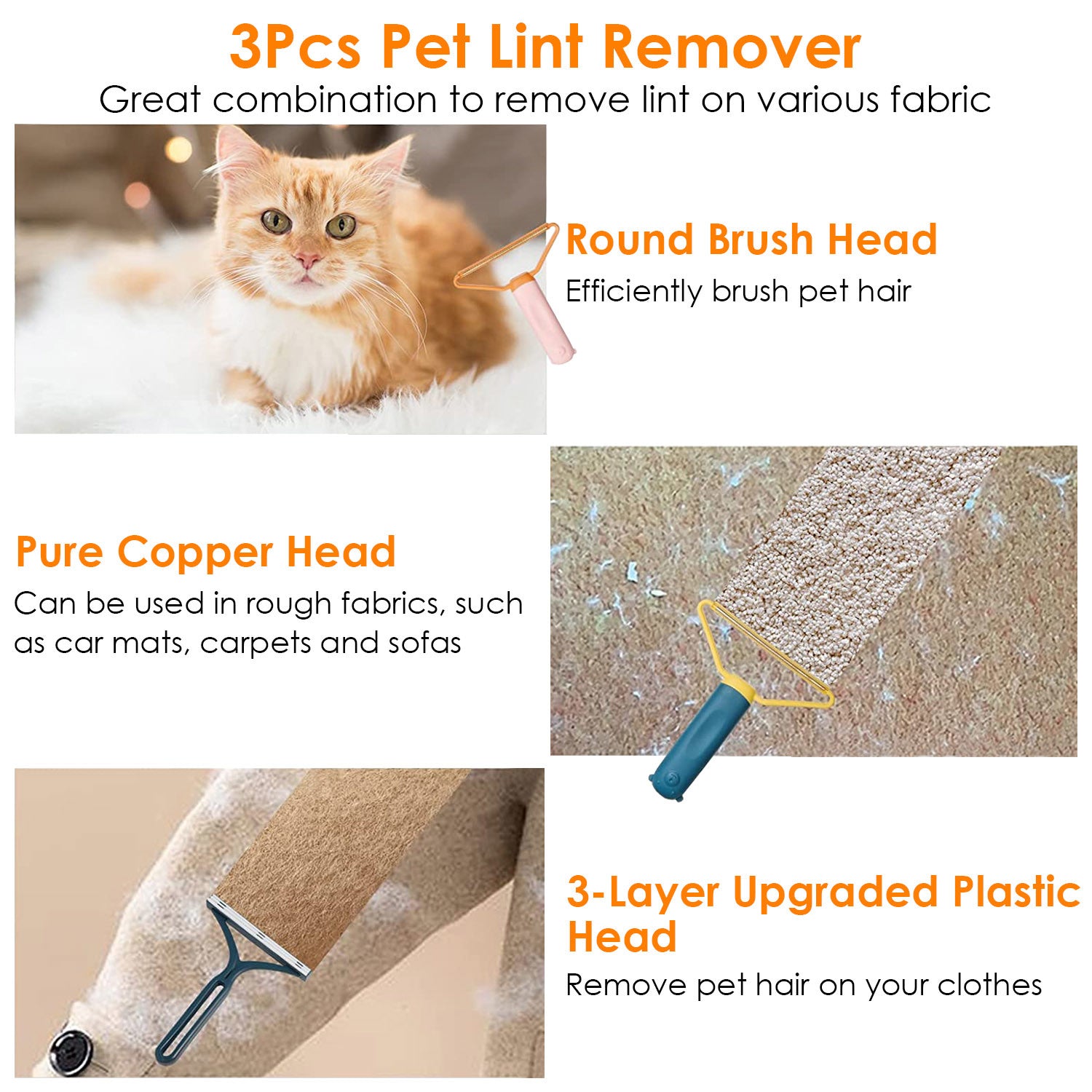 3Pcs Portable Lint Remover Reusable Double Sided Fabric Clothes Shaver Carpet Fuzz Carpet Scraper for Sweater Couch Mat