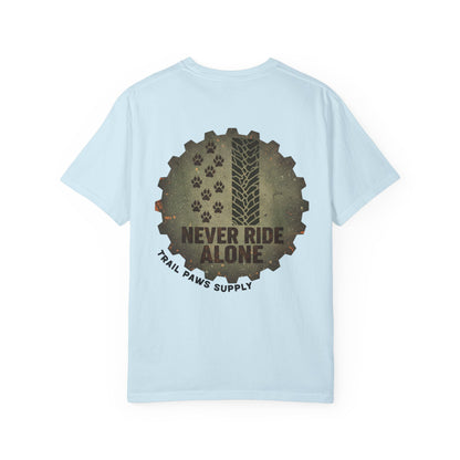 T-Shirt — "Never Ride Alone" Trail Paws Bike & Dog Graphic