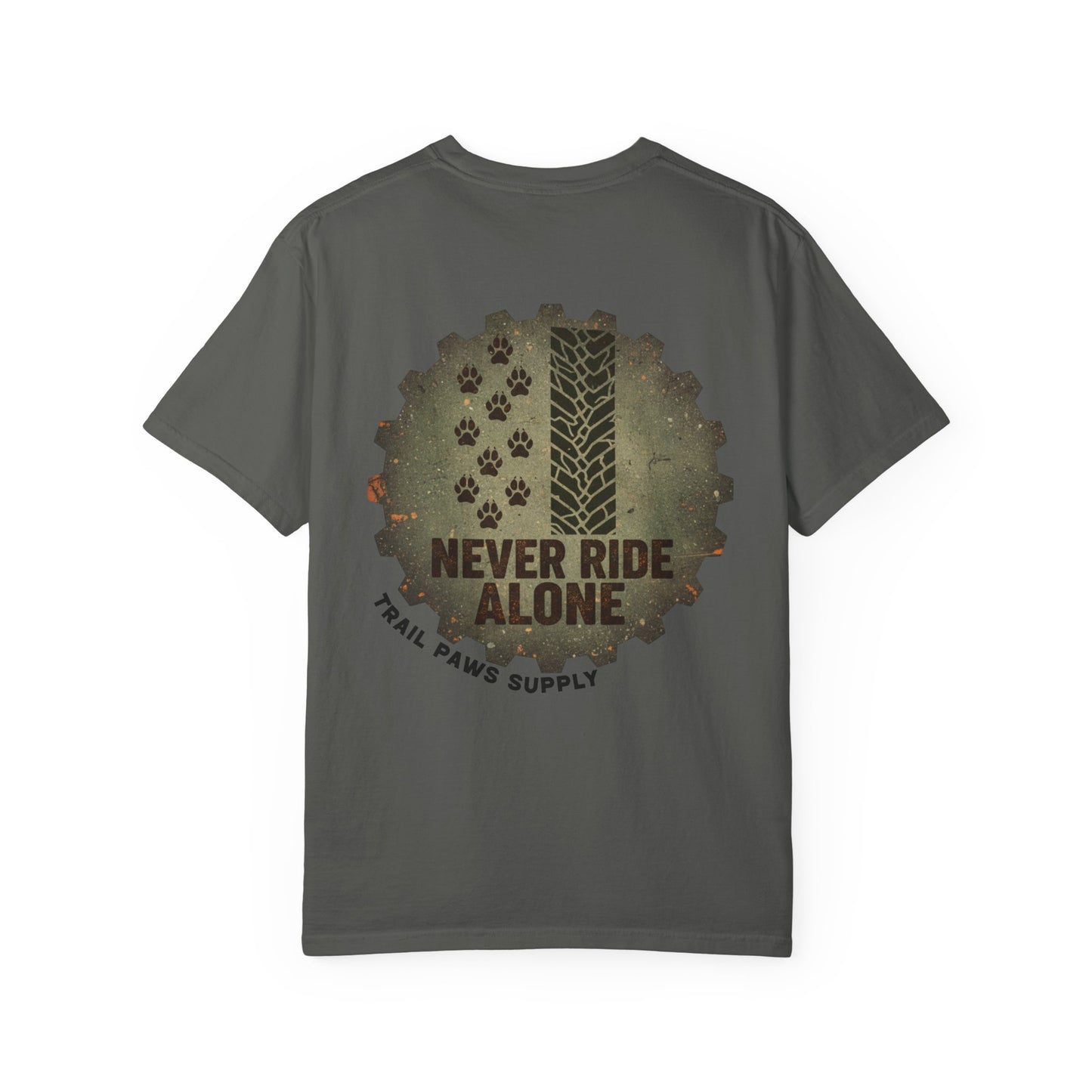 T-Shirt — "Never Ride Alone" Trail Paws Bike & Dog Graphic