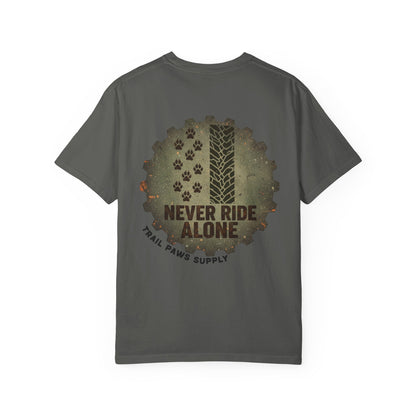 T-Shirt — "Never Ride Alone" Trail Paws Bike & Dog Graphic
