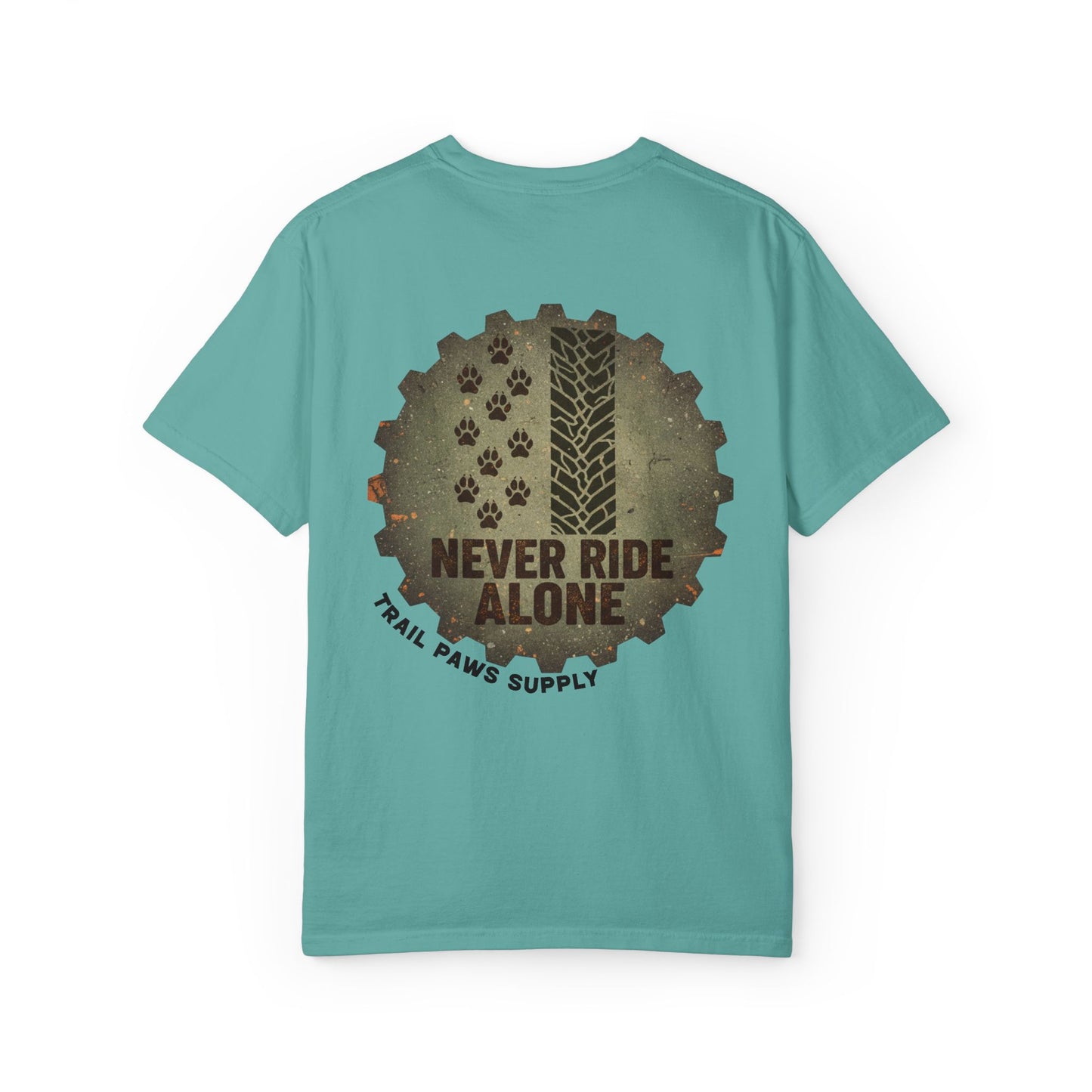 T-Shirt — "Never Ride Alone" Trail Paws Bike & Dog Graphic