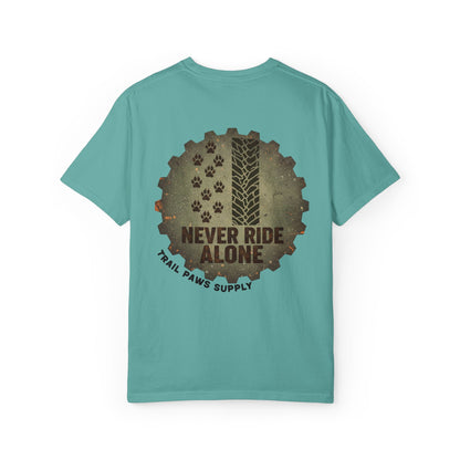 T-Shirt — "Never Ride Alone" Trail Paws Bike & Dog Graphic