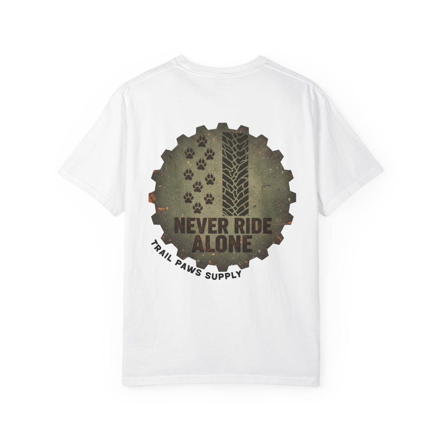 T-Shirt — "Never Ride Alone" Trail Paws Bike & Dog Graphic