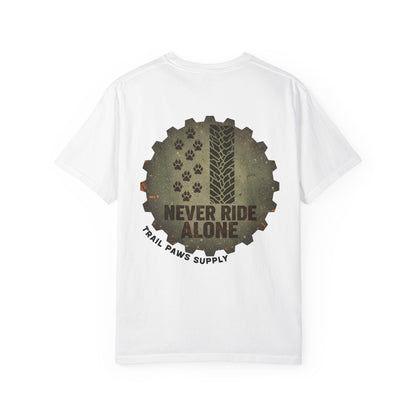 T-Shirt — "Never Ride Alone" Trail Paws Bike & Dog Graphic