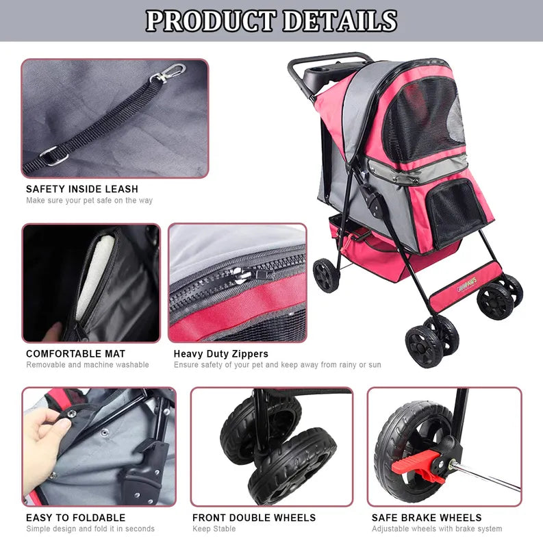Trail Paws 4-Wheel Pet Stroller – Foldable Dog & Cat Jogging Stroller with Storage Basket, Cup Holder & Safety Features