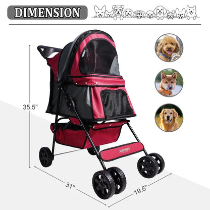 Trail Paws 4-Wheel Pet Stroller – Foldable Dog & Cat Jogging Stroller with Storage Basket, Cup Holder & Safety Features