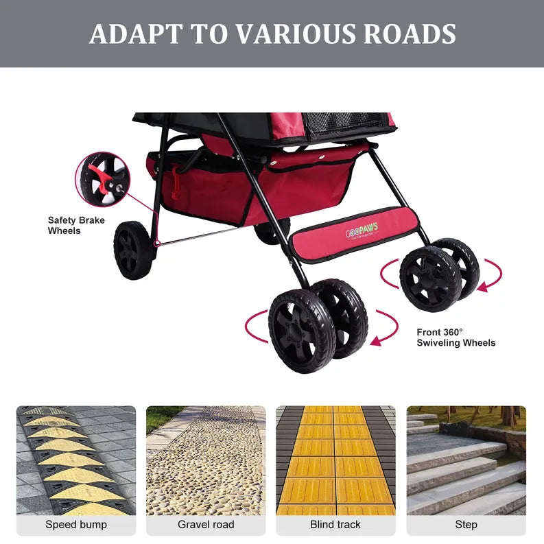 Trail Paws 4-Wheel Pet Stroller – Foldable Dog & Cat Jogging Stroller with Storage Basket, Cup Holder & Safety Features