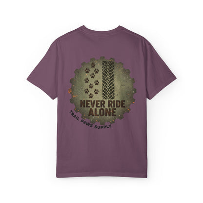 T-Shirt — "Never Ride Alone" Trail Paws Bike & Dog Graphic