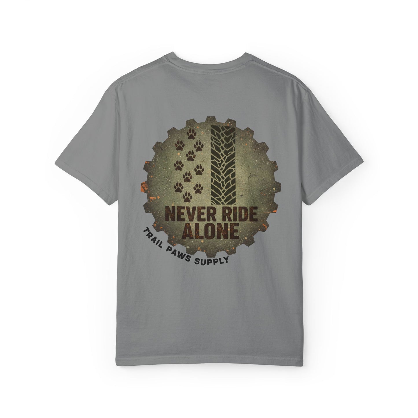 T-Shirt — "Never Ride Alone" Trail Paws Bike & Dog Graphic