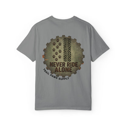 T-Shirt — "Never Ride Alone" Trail Paws Bike & Dog Graphic
