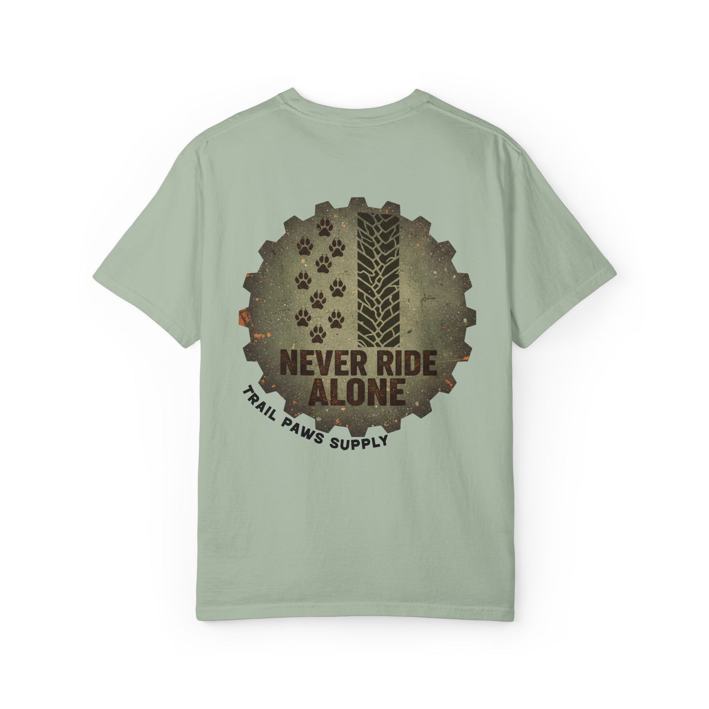 T-Shirt — "Never Ride Alone" Trail Paws Bike & Dog Graphic