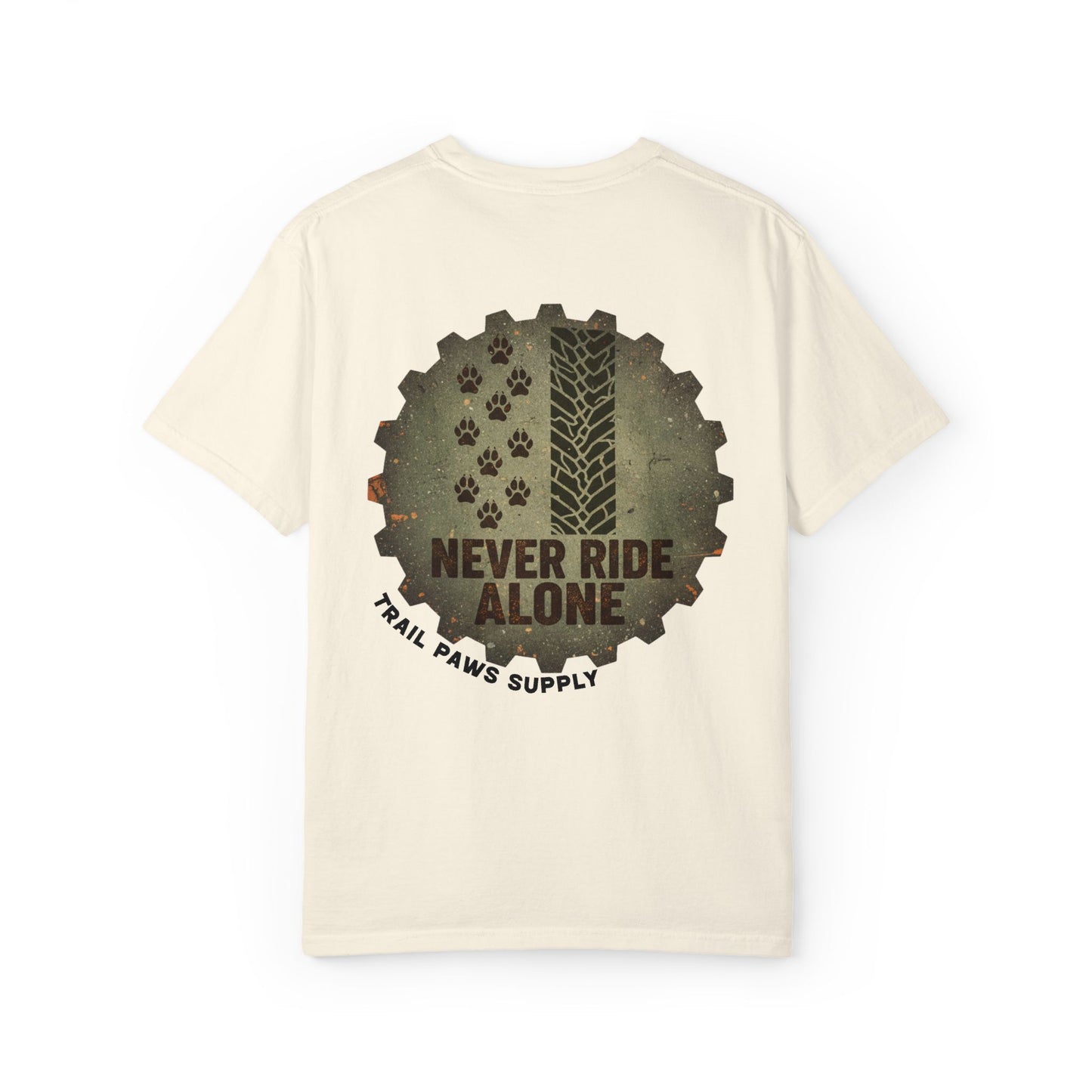 T-Shirt — "Never Ride Alone" Trail Paws Bike & Dog Graphic