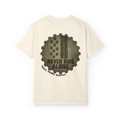 T-Shirt — "Never Ride Alone" Trail Paws Bike & Dog Graphic