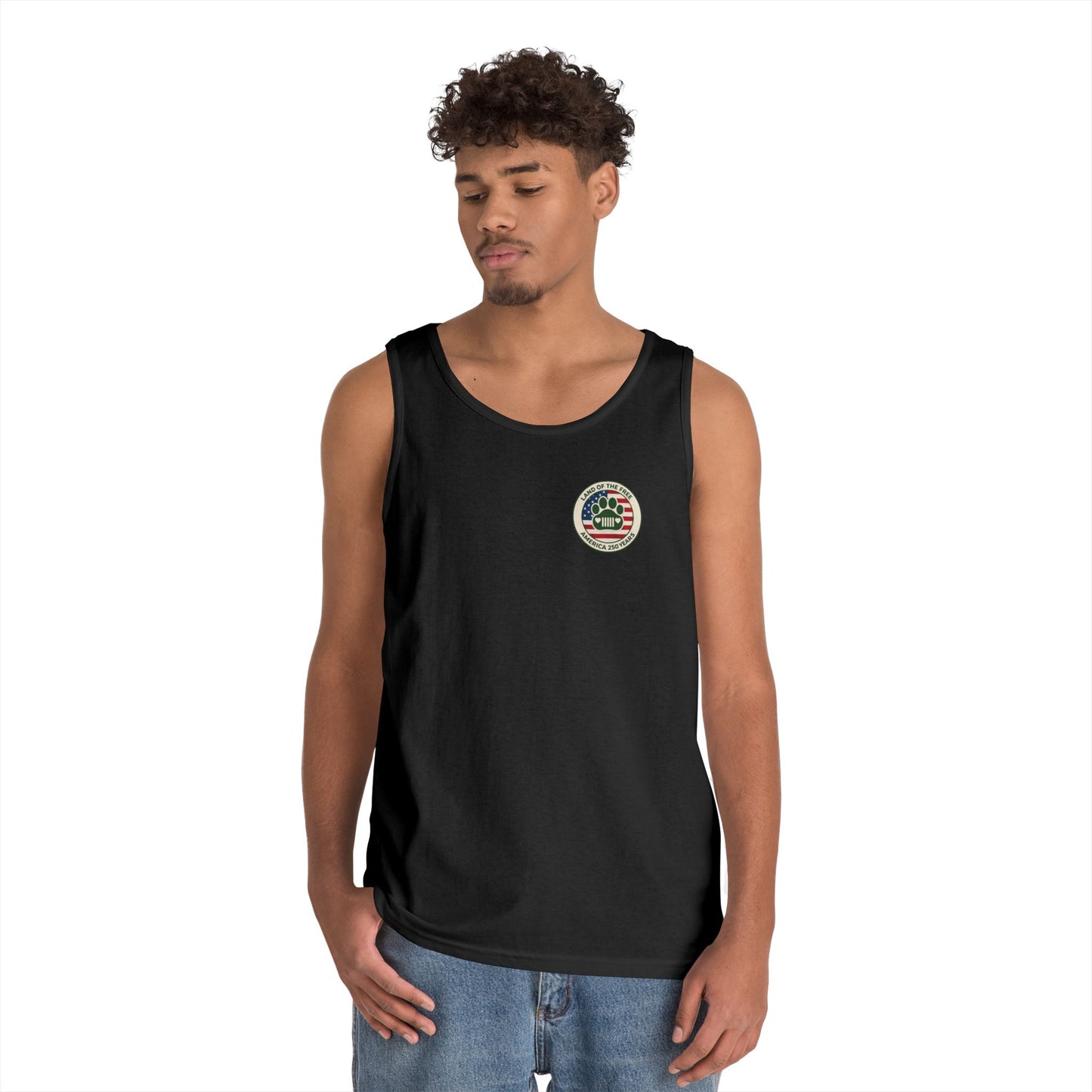 Patriotic Jeep Dog Tank Top – America 250 Trail Paws Supply Co Adventure Shirt