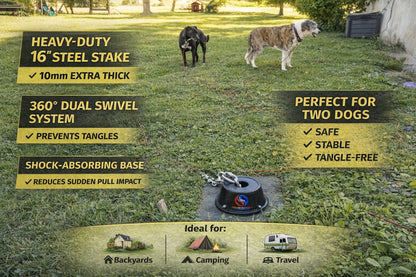 Trail Paws Heavy-Duty Double Dog Tie-Out Stake System – Shock-Absorbing Tangle-Free Outdoor Dog Run for Large Dogs & Camping