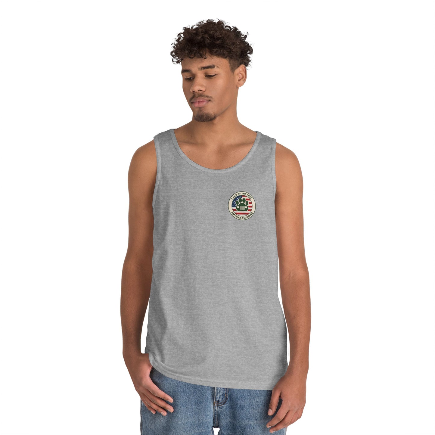 Patriotic Jeep Dog Tank Top – America 250 Trail Paws Supply Co Adventure Shirt