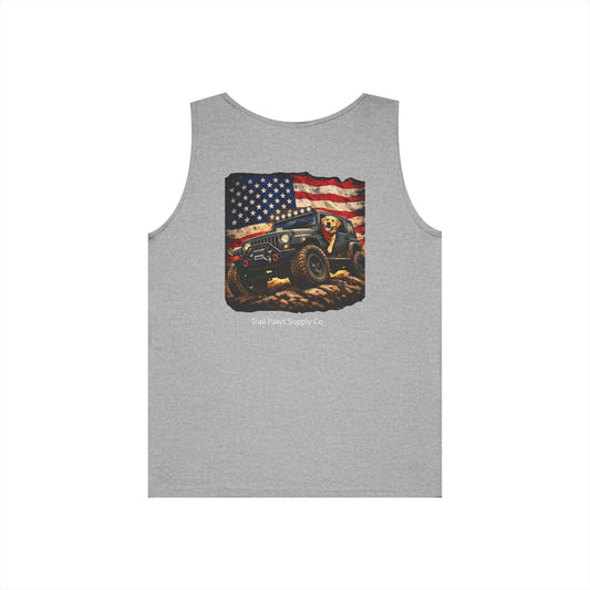 Patriotic Jeep Dog Tank Top – America 250 Trail Paws Supply Co Adventure Shirt