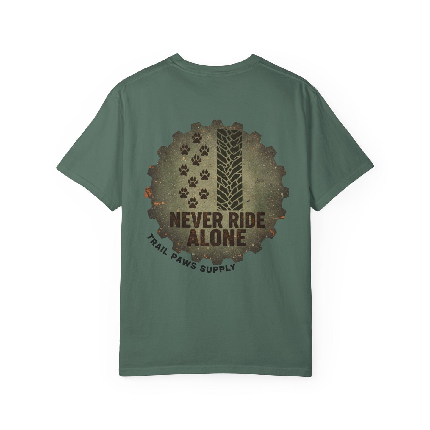 T-Shirt — "Never Ride Alone" Trail Paws Bike & Dog Graphic