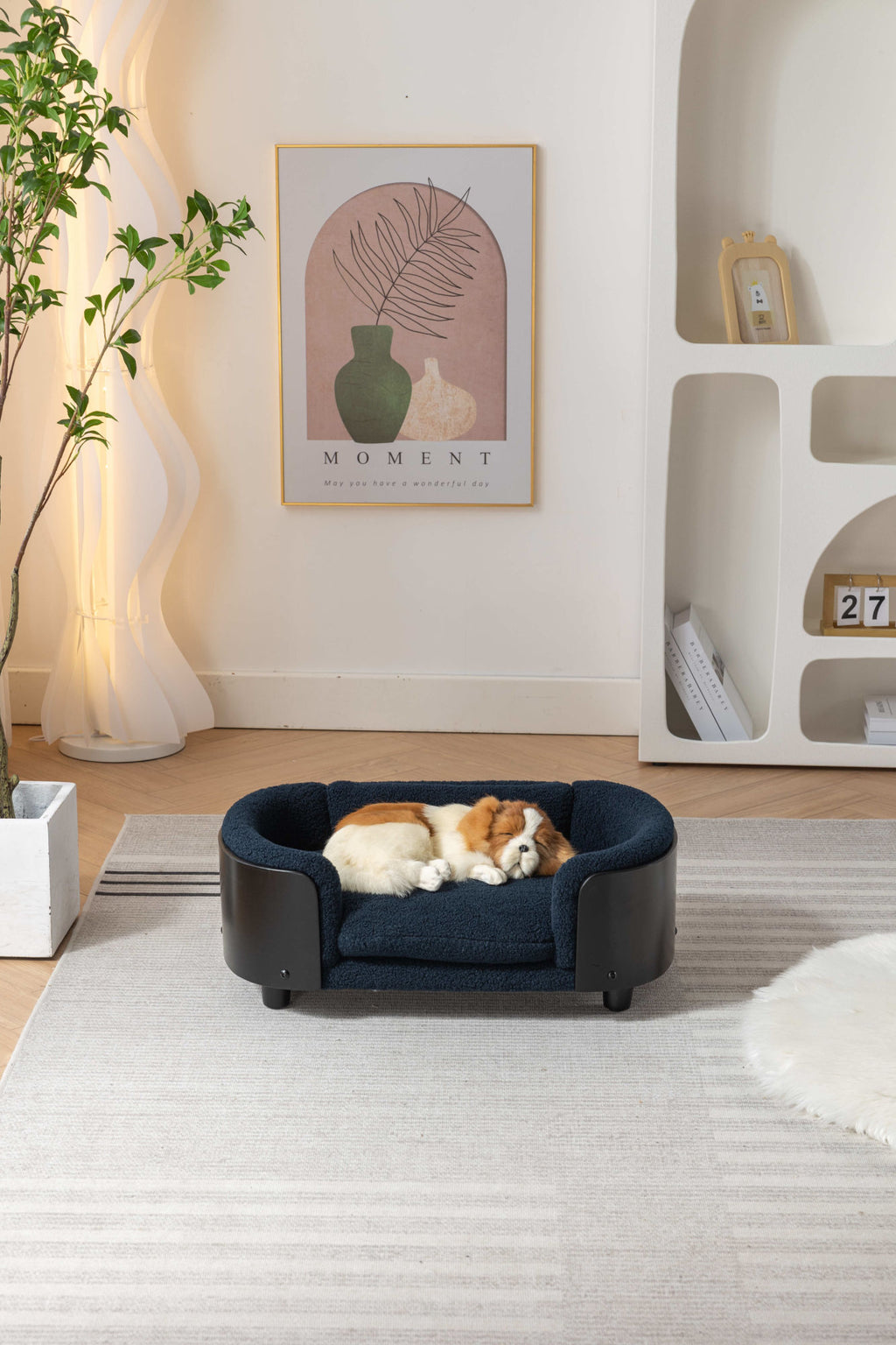 Scandinavian style Elevated Dog Bed Pet Sofa With Solid Wood legs and Black Bent Wood Back, Cashmere Cushion,Small Size