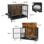 Modern Kennel Dogs room up to 60 LB, Dog crate furniture with Multi-Purpose Rremovable Ttray, Double-Door Dog House, lift Panel, 360 Degree Rotation -3 Height Adjustable Feeding Bowls