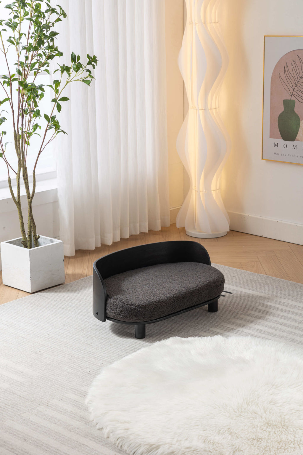 Scandinavian style Elevated Dog Bed Pet Sofa With Solid Wood legs and Bent Wood Back, Cashmesh Cushion, Black wood, Darcy grey cashmesh