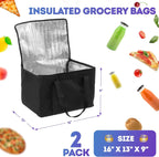 Blaсk Insulated Shopping Bags 16' x 13' x 9' Insulated Grocery Bag Pack of 2 Insulated Food Delivery Bag 16x13x9 Heavy Duty Insulated Bag for Grocery Shopping; Insulated Bags for Food Delivery