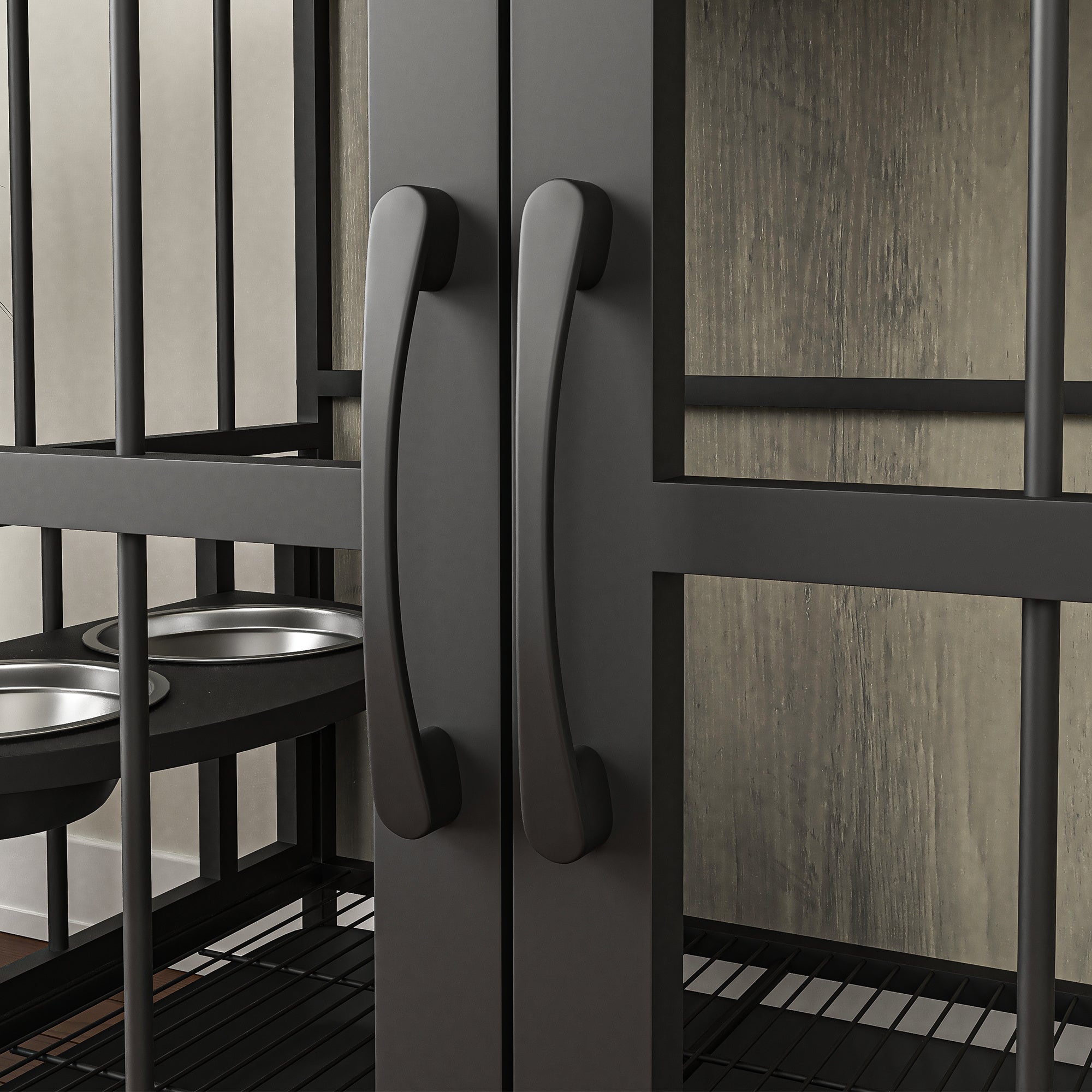 Modern Kennel Dogs room up to 60 LB, Dog crate furniture with Multi-Purpose Rremovable Ttray, Double-Door Dog House, lift Panel, 360 Degree Rotation -3 Height Adjustable Feeding Bowls