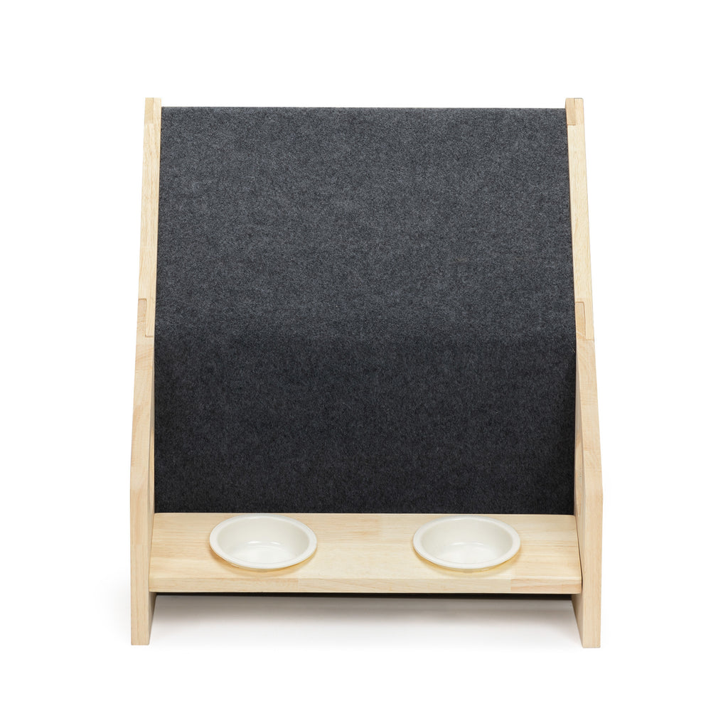 2-In-1 Wood Dog House Indoor;  Cabin Dog Kennel with Cushioned Bed;  Cover Scratcher;  Feeding Bowls;  Pet Habitat for Cats;  Small and Medium Dogs;  Natural and Gray