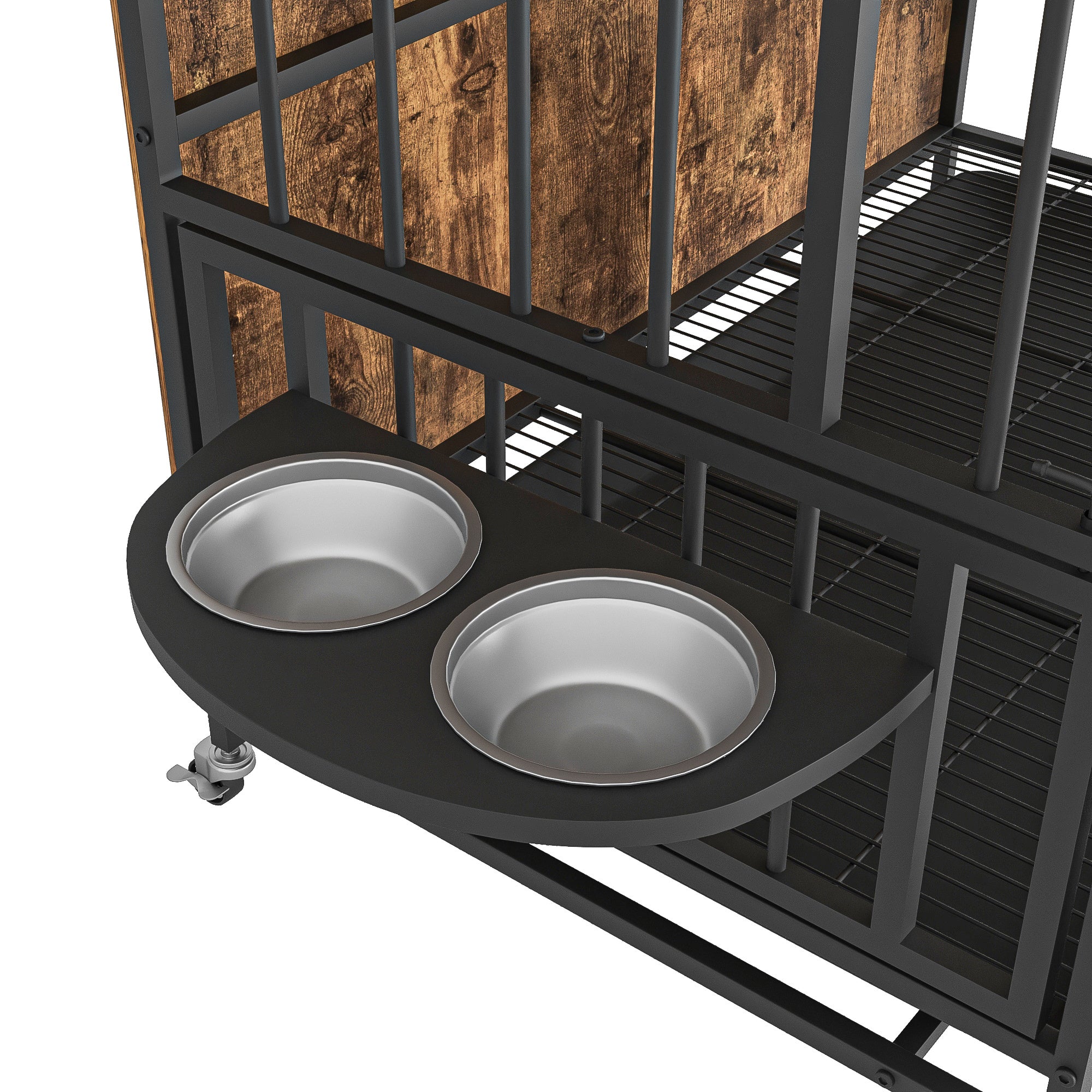 Modern Kennel Dogs room up to 60 LB, Dog crate furniture with Multi-Purpose Rremovable Ttray, Double-Door Dog House, lift Panel, 360 Degree Rotation -3 Height Adjustable Feeding Bowls