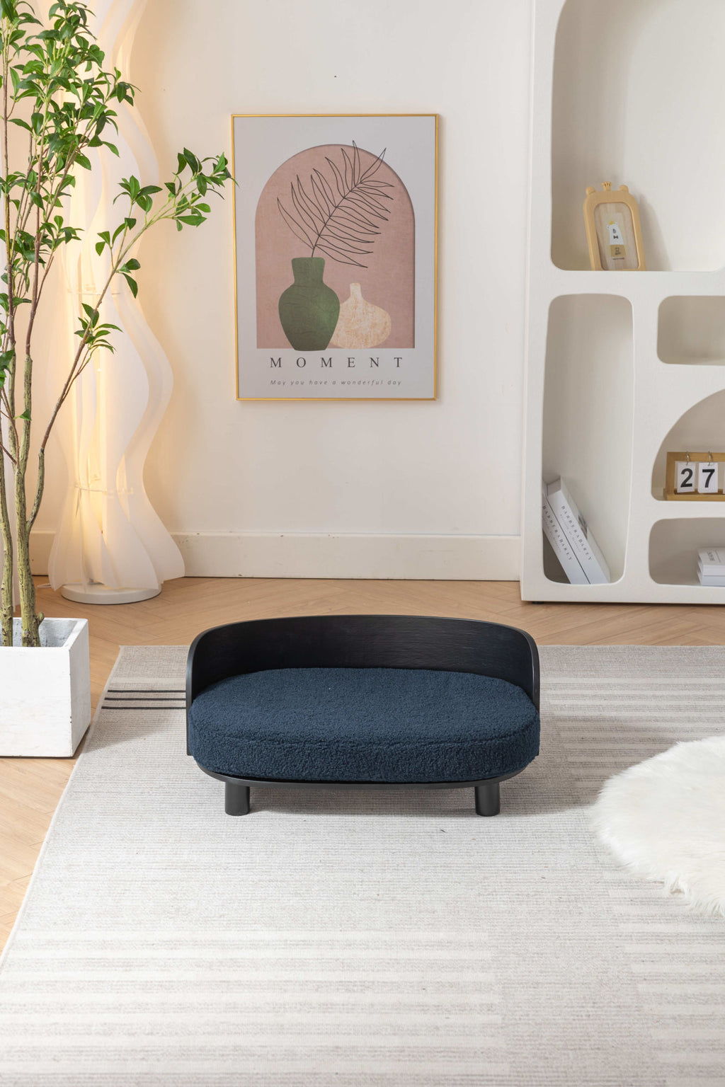 Scandinavian style Elevated Dog Bed Pet Sofa With Solid Wood legs and Bent Wood Back, Velvet Cushion, BLACK