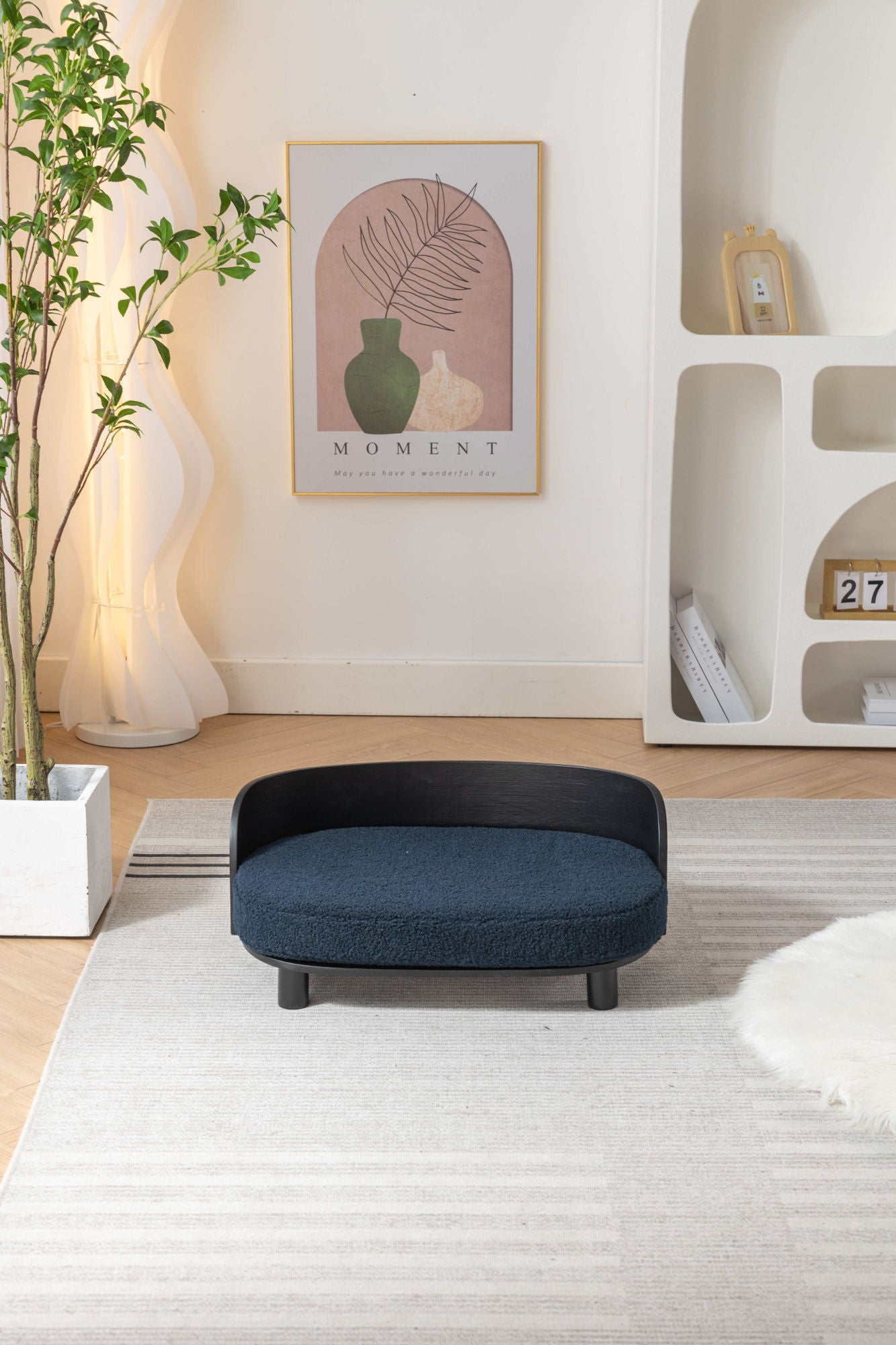 Scandinavian style Elevated Dog Bed Pet Sofa With Solid Wood legs and Bent Wood Back, Velvet Cushion, BLACK