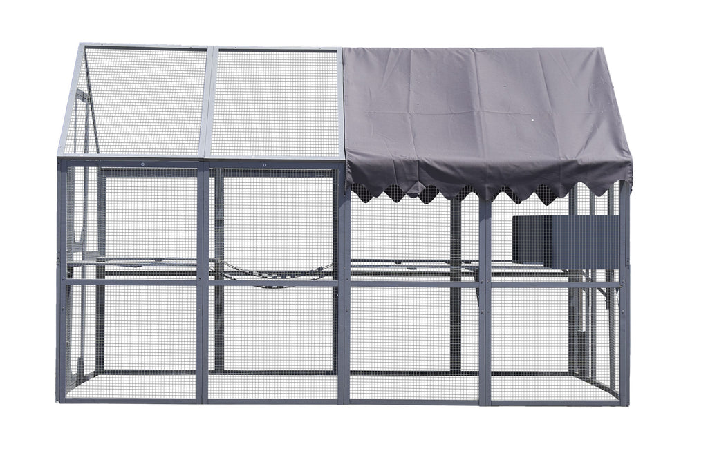 Outdoor Cat House Cat Enclosures 110" Large Kitten Playpen with Platforms,Upgrade Waterproof Cover-grey