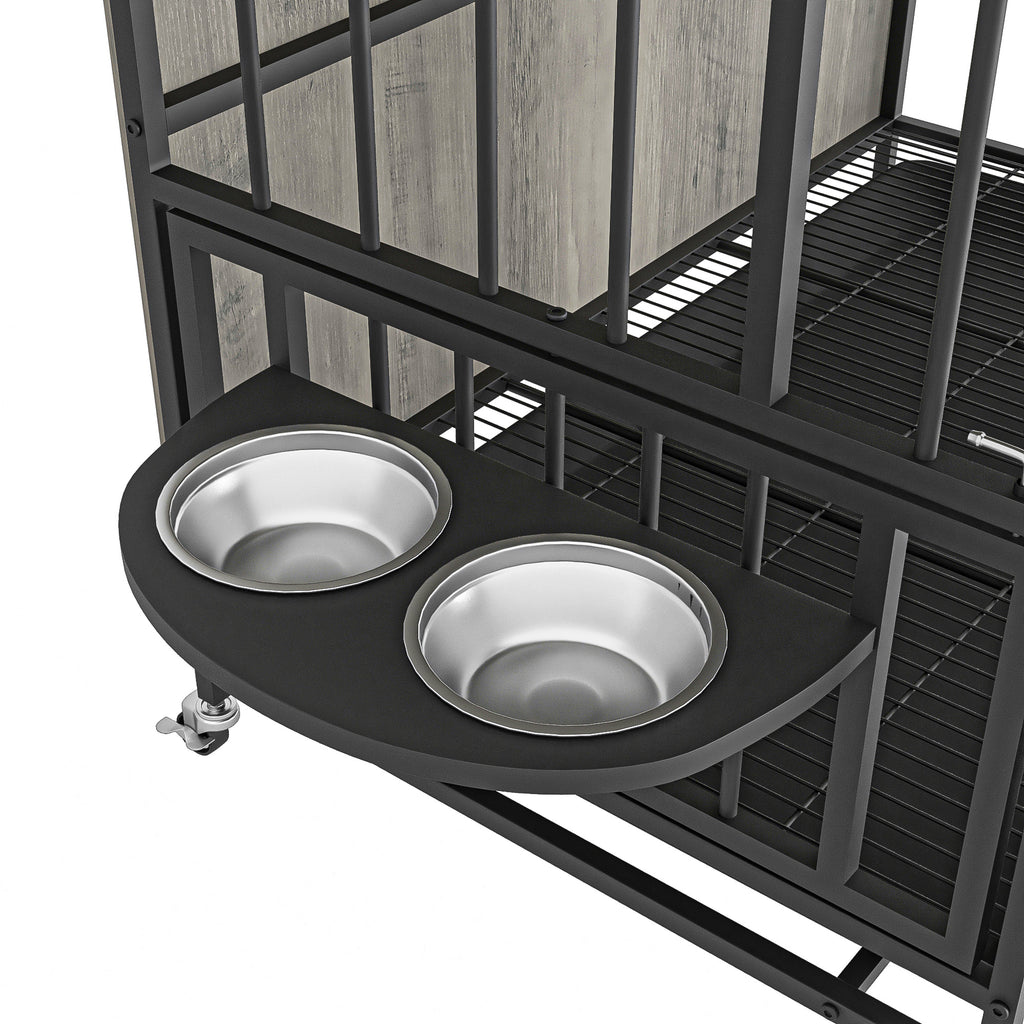 Modern Kennel Dogs room up to 60 LB, Dog crate furniture with Multi-Purpose Rremovable Ttray, Double-Door Dog House, lift Panel, 360 Degree Rotation -3 Height Adjustable Feeding Bowls