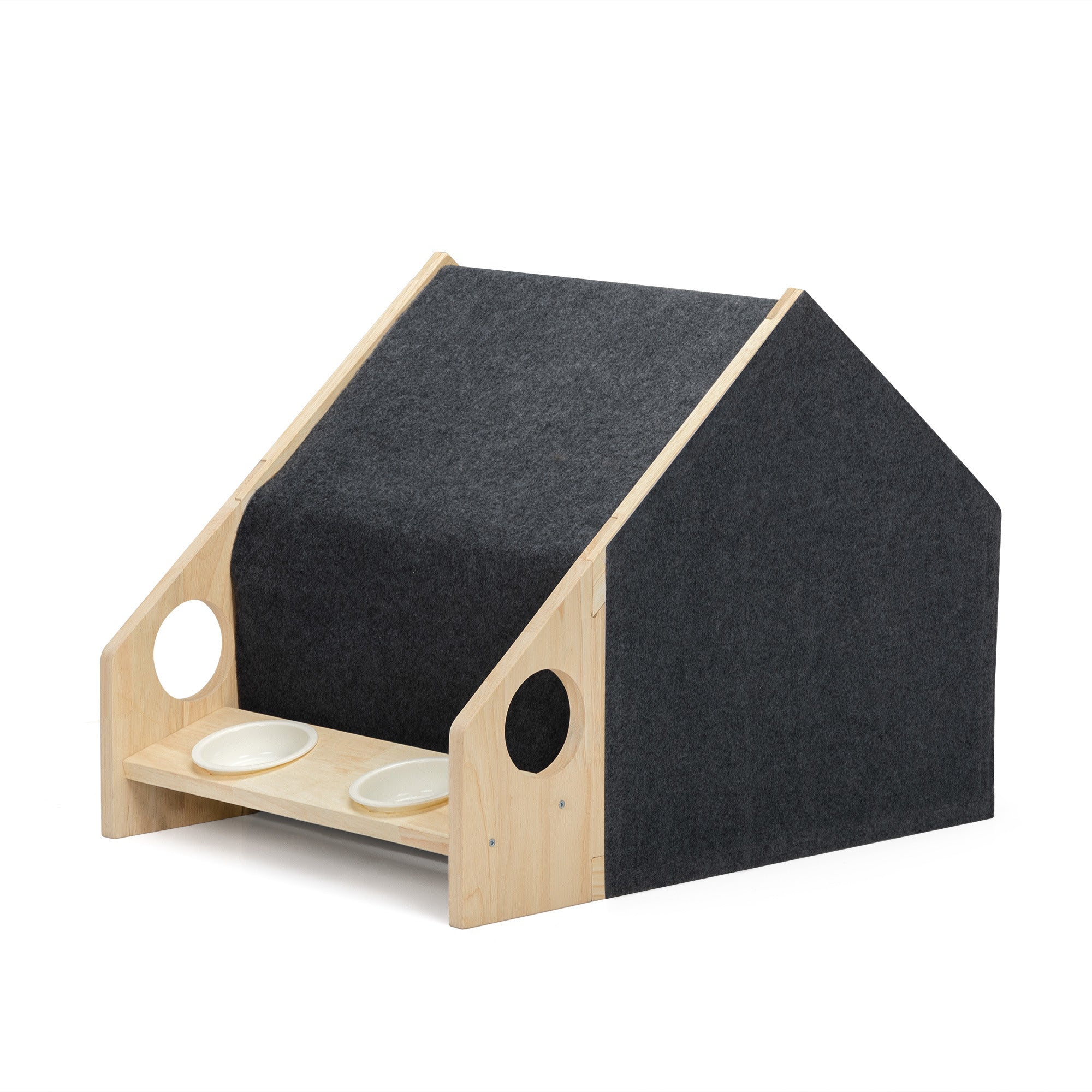 2-In-1 Wood Dog House Indoor;  Cabin Dog Kennel with Cushioned Bed;  Cover Scratcher;  Feeding Bowls;  Pet Habitat for Cats;  Small and Medium Dogs;  Natural and Gray