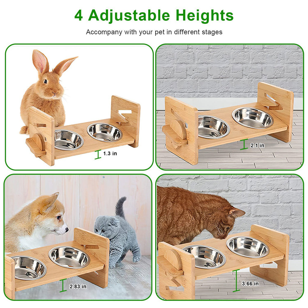 Bamboo Double Dog Raised Bowls 15 Degree Tilt Elevated Dog Bowls with 4 Adjustable Heights 2 Stainless Steel Bowls Pet Feeder for Dogs Cats Rabbits