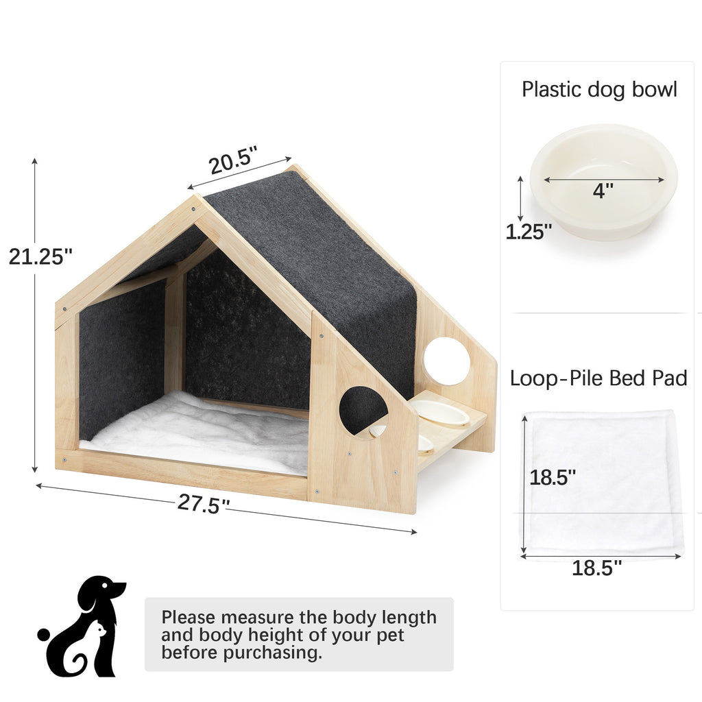 2-In-1 Wood Dog House Indoor;  Cabin Dog Kennel with Cushioned Bed;  Cover Scratcher;  Feeding Bowls;  Pet Habitat for Cats;  Small and Medium Dogs;  Natural and Gray