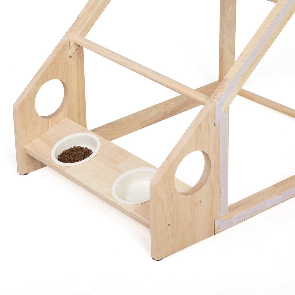 2-In-1 Wood Dog House Indoor;  Cabin Dog Kennel with Cushioned Bed;  Cover Scratcher;  Feeding Bowls;  Pet Habitat for Cats;  Small and Medium Dogs;  Natural and Gray