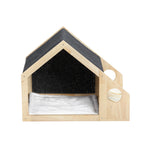 2-In-1 Wood Dog House Indoor;  Cabin Dog Kennel with Cushioned Bed;  Cover Scratcher;  Feeding Bowls;  Pet Habitat for Cats;  Small and Medium Dogs;  Natural and Gray