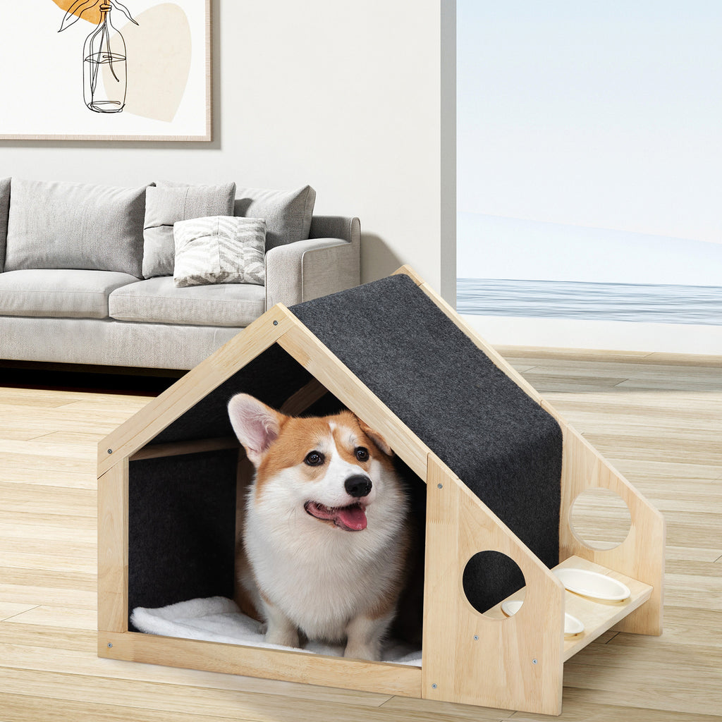 2-In-1 Wood Dog House Indoor;  Cabin Dog Kennel with Cushioned Bed;  Cover Scratcher;  Feeding Bowls;  Pet Habitat for Cats;  Small and Medium Dogs;  Natural and Gray
