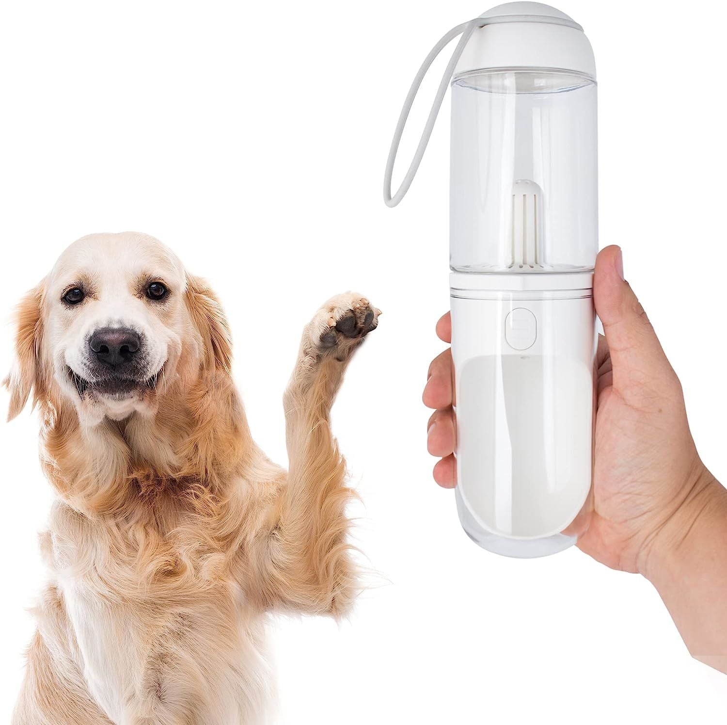 Portable Dog Water Bottle Dispenser 12 Oz, 11.8 x 7.9 x 9.2, Pack of 40 White Pet Water Bottles for Dogs on Walks, Durable ABS Dog Travel Water Bottle with Silicone Strap and PP Cotton Filter