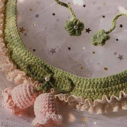 Pink Lily of the Valley Handmade Crochet Cat Necklace Green Knitting Cute Collar Dog Pet Scarf Bib