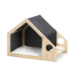 2-In-1 Wood Dog House Indoor;  Cabin Dog Kennel with Cushioned Bed;  Cover Scratcher;  Feeding Bowls;  Pet Habitat for Cats;  Small and Medium Dogs;  Natural and Gray