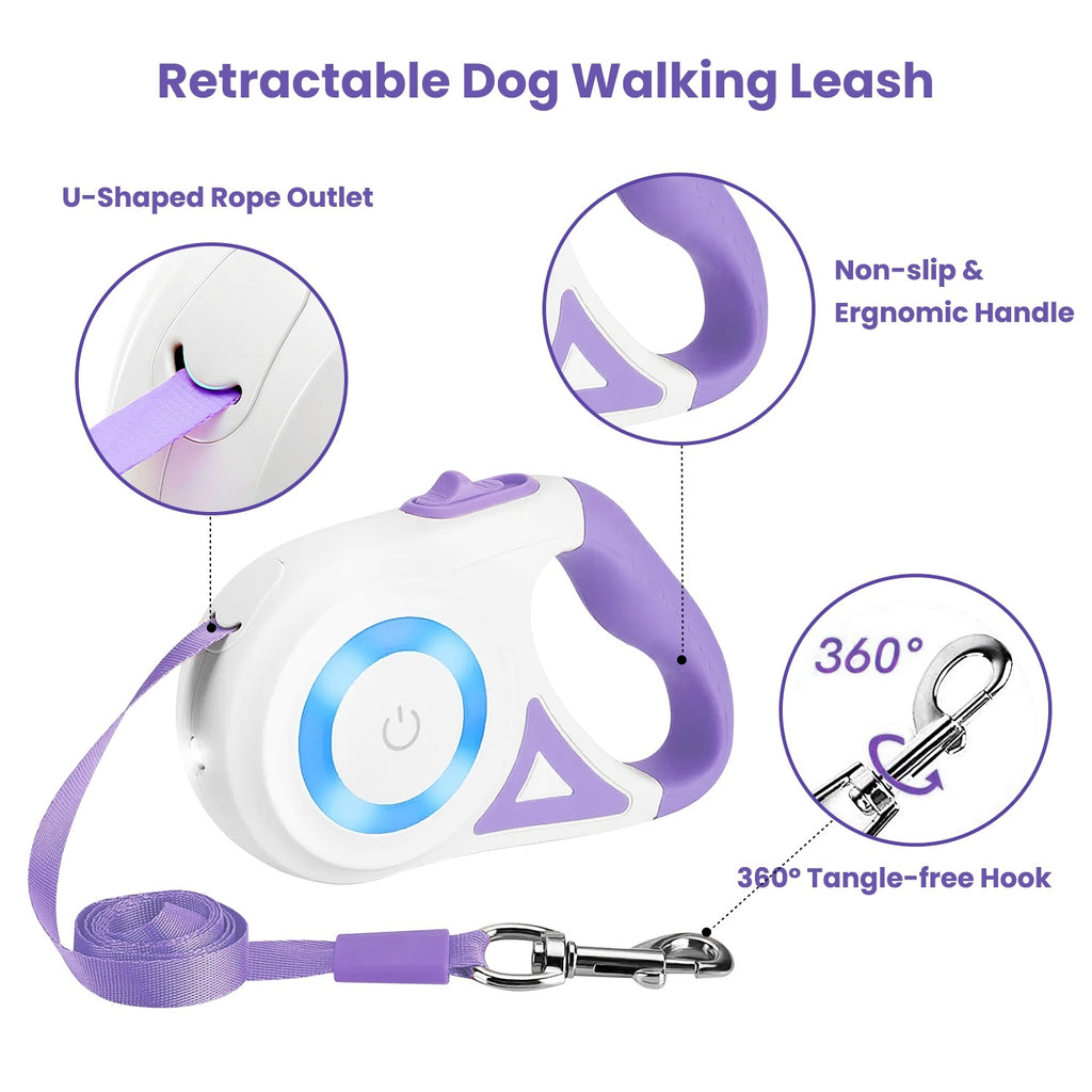 16FT Retractable Dog Leash Extendable Pet Leash Dog Walking Leash with Flashlight RGB Light 2 Rolls of Waste Bags Dispenser Fit for 66-110lbs