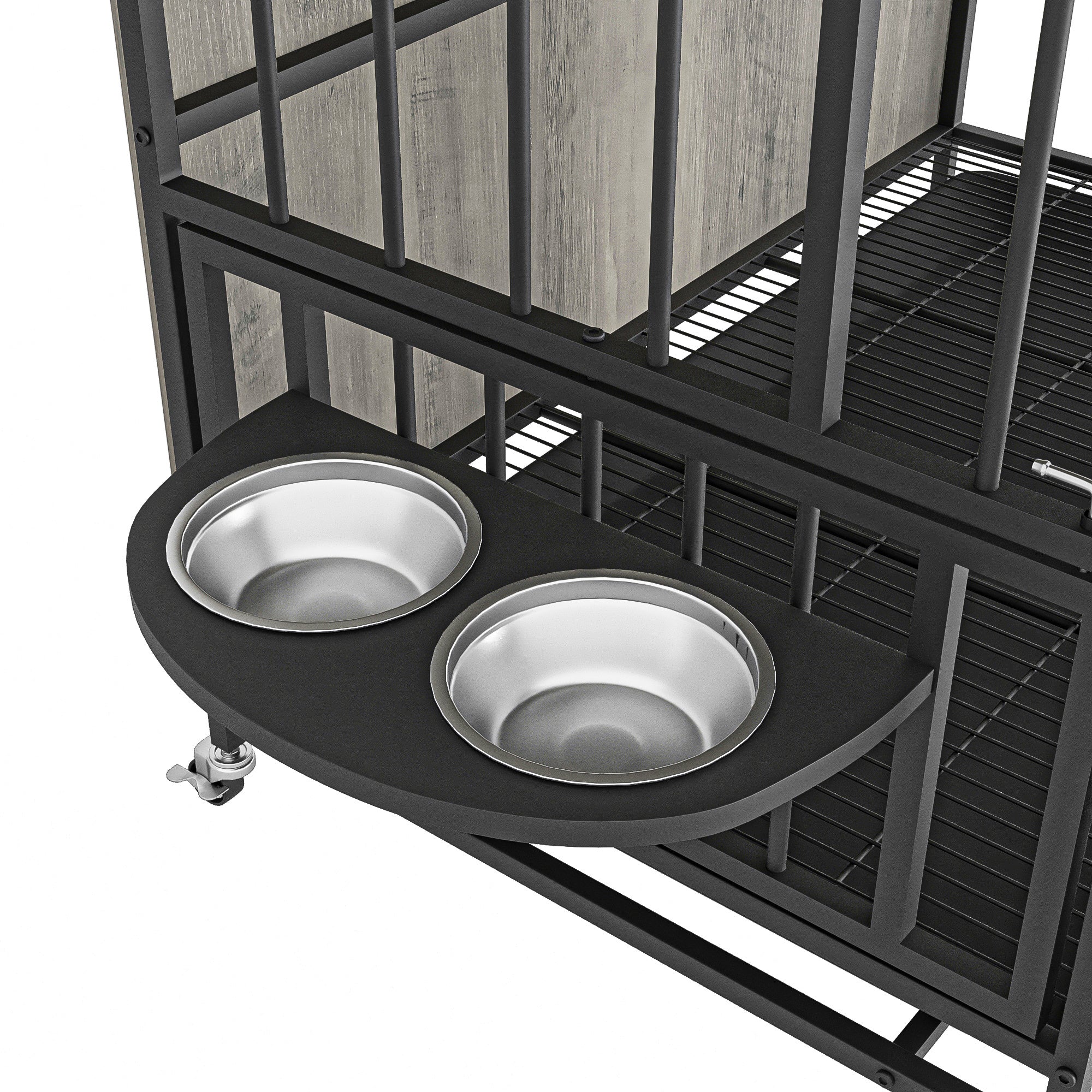 Modern Kennel Dogs room up to 80 LB, Dog crate furniture with Multi-Purpose Rremovable Ttray, Double-Door Dog House, lift Panel, 360 Degree Rotation -3 Height Adjustable Feeding Bowls