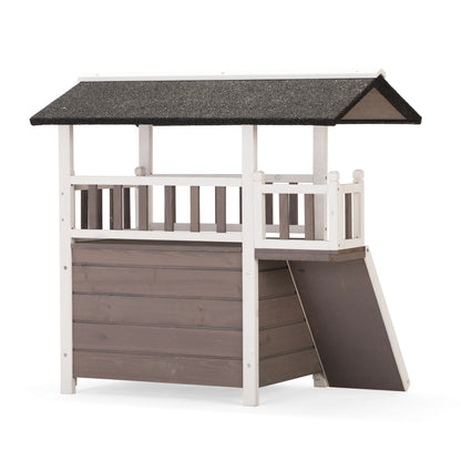 2-Tier Outdoor Wooden Dog House, Weatherproof Dog Hutch with A Large Balcony, Sisal Scratching Pad Ladder, Gift for Pets, Gray and White
